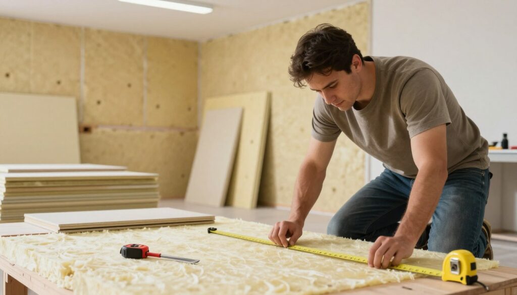 A clean and organized workspace showcasing the insulation process in action. In the foreground, a professional worker in modest casual clothing is measuring and cutting insulation material with precision, surrounded by tools like a measuring tape and utility knife. In the middle, various insulation panels are neatly stacked, with a partially insulated wall in the background. The scenery is illuminated by bright overhead lights, emphasizing the cleanliness and professionalism of the workspace. The atmosphere conveys efficiency and dedication to quality, with a warm color palette that enhances the inviting nature of home improvement. The perspective is slightly angled to capture both the action of the worker and the well-organized workspace behind them.