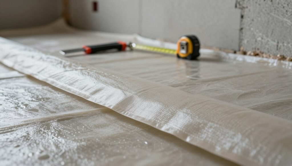 A close-up view of a damp-proof membrane, showcasing its texture and material properties. In the foreground, focus on the membrane's smooth surface, highlighting its quality and thickness. In the middle ground, display tools like a utility knife and a measuring tape, indicating a preparation for installation. The background features a partially constructed wall, emphasizing the context of insulation work. The lighting is soft and diffused, creating a calm and professional atmosphere, with shadows subtly enhancing the texture of the membrane. The angle is slightly tilting downward, providing depth while ensuring clarity of the damp-proofing material. The overall mood conveys a sense of care and diligence in construction practices. A close-up view of a damp-proof membrane, showcasing its texture and material properties. In the foreground, focus on the membrane's smooth surface, highlighting its quality and thickness. In the middle ground, display tools like a utility knife and a measuring tape, indicating a preparation for installation. The background features a partially constructed wall, emphasizing the context of insulation work. The lighting is soft and diffused, creating a calm and professional atmosphere, with shadows subtly enhancing the texture of the membrane. The angle is slightly tilting downward, providing depth while ensuring clarity of the damp-proofing material. The overall mood conveys a sense of care and diligence in construction practices.