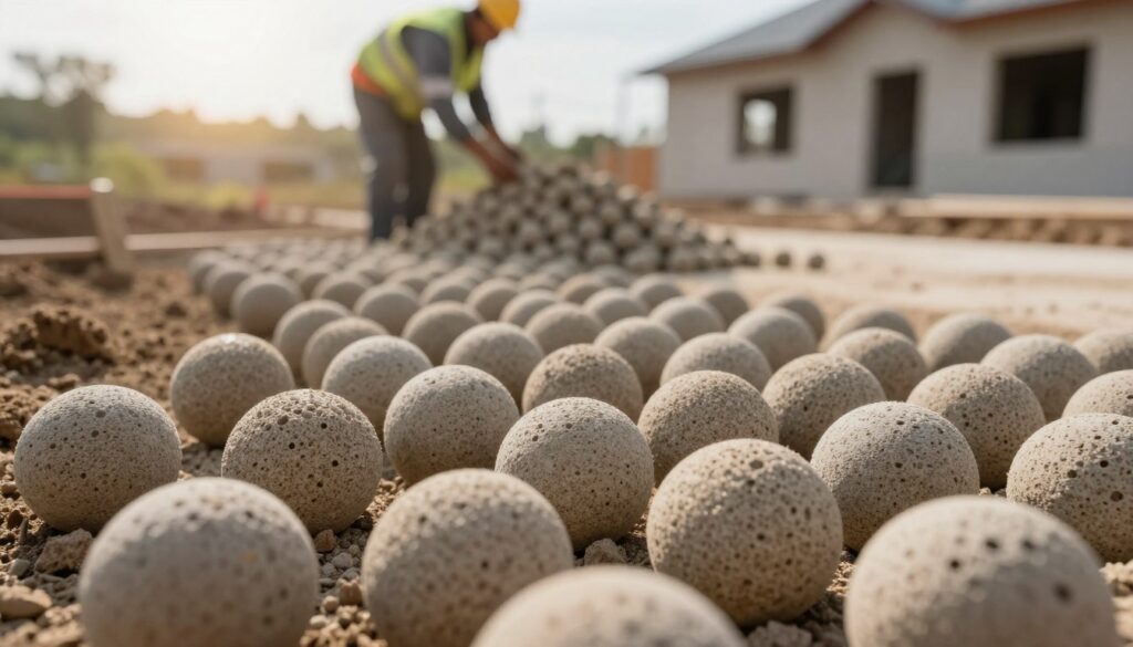A close-up view of light expanded clay aggregate (Leca) balls, showcasing their unique, porous texture and natural earthy tones ranging from light brown to gray. The foreground features a scattering of Leca balls on a construction site, with some partially embedded in soil, illustrating their use in drainage systems for foundations and floor solutions. In the middle ground, a worker in professional attire inspects a pile of Leca, symbolizing their application in energy-efficient building practices. The background includes a blurred landscape of a partially constructed home, with soft, diffused sunlight filtering through, creating a warm, inviting atmosphere. The overall mood is one of innovation and sustainability in construction. A close-up view of light expanded clay aggregate (Leca) balls, showcasing their unique, porous texture and natural earthy tones ranging from light brown to gray. The foreground features a scattering of Leca balls on a construction site, with some partially embedded in soil, illustrating their use in drainage systems for foundations and floor solutions. In the middle ground, a worker in professional attire inspects a pile of Leca, symbolizing their application in energy-efficient building practices. The background includes a blurred landscape of a partially constructed home, with soft, diffused sunlight filtering through, creating a warm, inviting atmosphere. The overall mood is one of innovation and sustainability in construction.