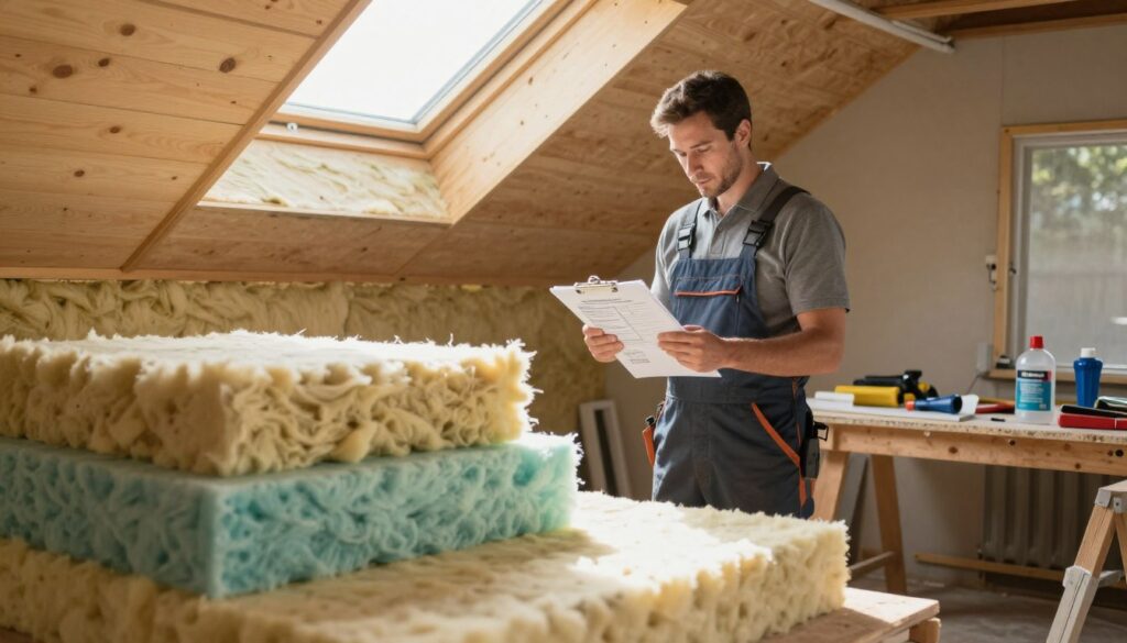 A cozy attic space being renovated for insulation, showcasing layered materials such as mineral wool and foam boards in the foreground. In the middle, a professional contractor in business attire reviews a new insulation plan, holding a clipboard with product specifications. The background features a partially finished ceiling, with natural light filtering through a roof window, casting a warm glow over the scene. The atmosphere is one of productivity and expertise, emphasizing an organized workspace with tools and insulation products neatly arranged. The image captures a sense of cost-effectiveness and optimization, highlighting the benefits of good insulation practices for homeowners.