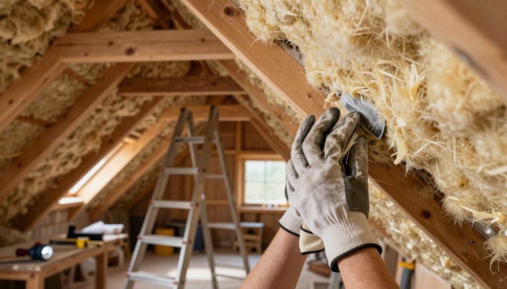 A cozy attic space with unfinished wooden beams and ample insulation material visible in the rafters. In the foreground, a pair of gloved hands meticulously check the insulation for any signs of wear or gaps, showcasing a light dusting of insulation material. The middle area features a sturdy ladder leading up to the loft, and scattered tools such as an insulation knife, tape measure, and a flashlight. In the background, soft, warm light filters through a small window, creating a peaceful atmosphere. The scene conveys a sense of diligence and care in home maintenance, with an inviting and organized workspace. The angle captures both the hands in action and the loft's cozy environment, emphasizing the importance of regular checks for effective insulation. A cozy attic space with unfinished wooden beams and ample insulation material visible in the rafters. In the foreground, a pair of gloved hands meticulously check the insulation for any signs of wear or gaps, showcasing a light dusting of insulation material. The middle area features a sturdy ladder leading up to the loft, and scattered tools such as an insulation knife, tape measure, and a flashlight. In the background, soft, warm light filters through a small window, creating a peaceful atmosphere. The scene conveys a sense of diligence and care in home maintenance, with an inviting and organized workspace. The angle captures both the hands in action and the loft's cozy environment, emphasizing the importance of regular checks for effective insulation.