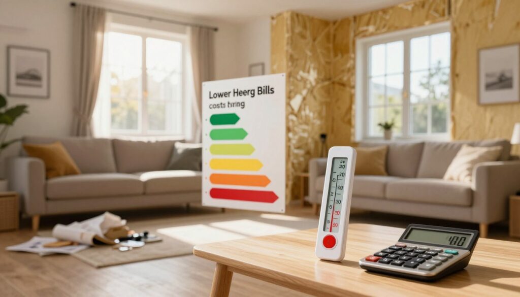 A cozy, modern living room showcasing the contrast between two scenarios: on one side, an example of high energy bills with a cluttered, uninsulated space; on the other side, a warm, inviting area showcasing effective insulation features like thick walls and double-glazed windows. In the foreground, a digital thermometer displays a comfortable temperature while a calculator sits beside it, symbolizing savings. The middle ground features an infographic-style visual indicating lower heating costs, with symbols for energy efficiency. The background shows a window with sunlight streaming in, creating a bright and welcoming atmosphere. The composition is well-lit, emphasizing warmth, and conveying a sense of financial relief and comfort. Use a soft focus on the background to draw attention to the contrasting living spaces. A cozy, modern living room showcasing the contrast between two scenarios: on one side, an example of high energy bills with a cluttered, uninsulated space; on the other side, a warm, inviting area showcasing effective insulation features like thick walls and double-glazed windows. In the foreground, a digital thermometer displays a comfortable temperature while a calculator sits beside it, symbolizing savings. The middle ground features an infographic-style visual indicating lower heating costs, with symbols for energy efficiency. The background shows a window with sunlight streaming in, creating a bright and welcoming atmosphere. The composition is well-lit, emphasizing warmth, and conveying a sense of financial relief and comfort. Use a soft focus on the background to draw attention to the contrasting living spaces.