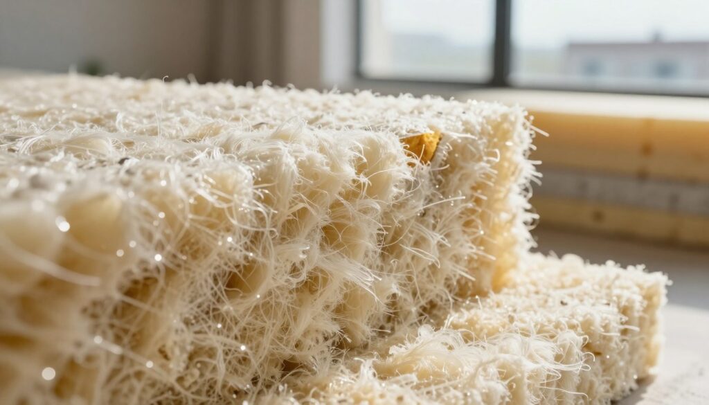 A detailed close-up of high-quality glasuld insulation material, showcasing its fibrous, fluffy texture that resembles spun glass. In the foreground, emphasize the individual fibers glistening in soft light, highlighting their insulating properties. In the middle ground, display a section cutaway that illustrates how glasuld fits into a wall assembly, surrounded by subtle hints of other mineral insulation materials like stone wool and perlite for context. The background should be a blurred view of an energy-efficient building under natural daylight, symbolizing sustainability. Use soft, diffused lighting to create a warm, inviting atmosphere that conveys the comfort and efficiency of modern insulation solutions. The image should be devoid of any text, graphics, or human subjects, focusing solely on the insulation material itself. A detailed close-up of high-quality glasuld insulation material, showcasing its fibrous, fluffy texture that resembles spun glass. In the foreground, emphasize the individual fibers glistening in soft light, highlighting their insulating properties. In the middle ground, display a section cutaway that illustrates how glasuld fits into a wall assembly, surrounded by subtle hints of other mineral insulation materials like stone wool and perlite for context. The background should be a blurred view of an energy-efficient building under natural daylight, symbolizing sustainability. Use soft, diffused lighting to create a warm, inviting atmosphere that conveys the comfort and efficiency of modern insulation solutions. The image should be devoid of any text, graphics, or human subjects, focusing solely on the insulation material itself.