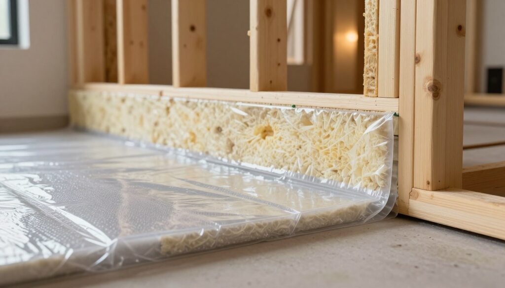 A detailed illustration of a modern residential setting showcasing an effective moisture control system with a dampspærre (vapor barrier). In the foreground, clearly visible layers of the dampspærre, crafted from transparent plastic with a textured surface, along with insulation material, are depicted. The middle ground features the wall structure with the vapor barrier installed, illustrating its positioning against insulation and wooden framing. The background includes a partially visible interior of a home, showcasing warm lighting to create a cozy atmosphere. The focus should emphasize the functionality and importance of the vapor barrier in maintaining energy efficiency, conveyed through a clean and professional composition. The angle should be slightly elevated to capture depth and detail in the construction elements, without any distractions.