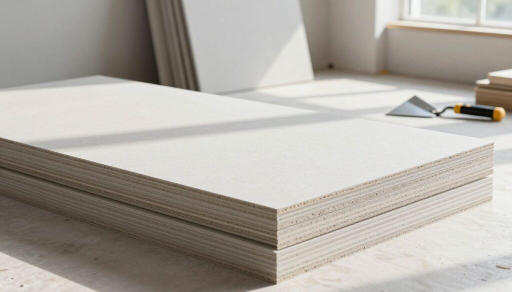 A detailed illustration of kalciumsilikat plader (calcium silicate boards) in a construction setting. In the foreground, showcase several pristine calcium silicate boards stacked neatly, their textured surface and edges visible. The middle ground features a partially constructed wall where the boards are being installed, with tools like a trowel and a utility knife nearby. In the background, a well-lit and spacious room under renovation is seen, emphasizing the cool, modern aesthetic of the material. Daylight streams in through a window, casting soft shadows and highlighting the boards’ natural colors of light gray and white. The overall mood is professional and clean, reflecting a focus on energy-efficient home insulation solutions.