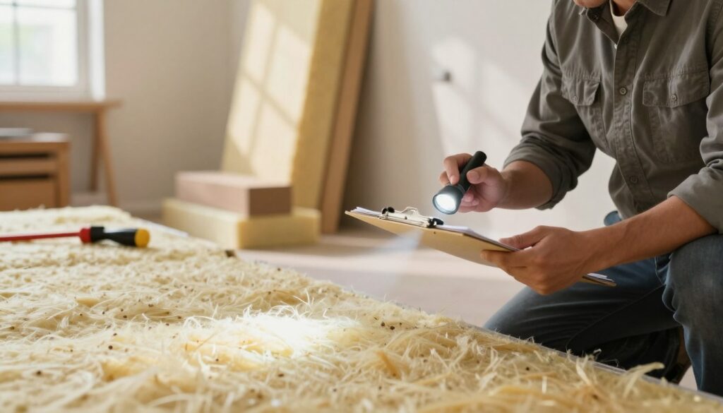 A detailed image depicting the theme of "maintenance" in the context of home insulation techniques. In the foreground, a professional individual dressed in smart casual clothing inspects insulation material within a home environment, using a clipboard and flashlight. In the middle ground, various insulation materials like foam boards, fiberglass, and mineral wool can be observed, along with tools for repair. The background showcases a cozy, well-lit room with exposed walls, highlighting areas requiring inspection and repair. Soft, natural light filtering through a window casts gentle shadows, creating a warm, inviting atmosphere. The overall mood is focused and proactive, emphasizing the importance of regular maintenance for effective home insulation.