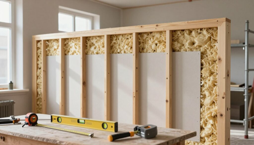 A detailed interior scene showcasing the process of "indvendig isolering" using a wooden frame and drywall. In the foreground, a well-organized workspace with tools like a measuring tape, level, and a drywall cutter. In the middle, a partially insulated wall with a wooden framework, framed by insulation materials like foam boards and fibreglass batts, and sheets of drywall ready to be installed. Soft, natural light filters through a nearby window, casting gentle shadows that highlight the textures of the materials. The background features a clean, uncluttered room with hints of construction elements, such as plastic sheeting and scaffolding. The mood is focused and industrious, conveying a step-by-step approach to effective wall insulation techniques. A detailed interior scene showcasing the process of "indvendig isolering" using a wooden frame and drywall. In the foreground, a well-organized workspace with tools like a measuring tape, level, and a drywall cutter. In the middle, a partially insulated wall with a wooden framework, framed by insulation materials like foam boards and fibreglass batts, and sheets of drywall ready to be installed. Soft, natural light filters through a nearby window, casting gentle shadows that highlight the textures of the materials. The background features a clean, uncluttered room with hints of construction elements, such as plastic sheeting and scaffolding. The mood is focused and industrious, conveying a step-by-step approach to effective wall insulation techniques.