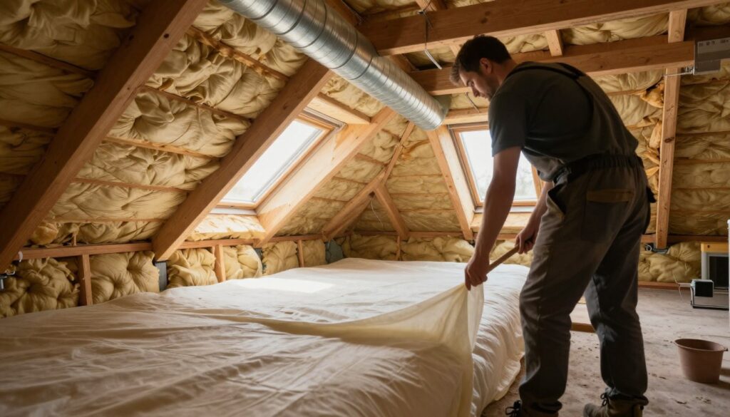 A detailed interior scene showcasing the process of insulation with a focus on a dampspærre (vapor barrier) installation. In the foreground, a professional contractor in modest casual clothing is carefully applying the dampspærre to the walls of an attic. The middle ground features insulated walls with visible layers of insulation material, along with ventilation ducts that are being installed. In the background, beams of natural light filter through small attic windows, highlighting the craftsmanship of the insulation work. The atmosphere is one of focus and professionalism, with a warm, inviting light that evokes a sense of home improvement and energy efficiency, captured with a slightly wide-angle lens to enhance the space's depth.