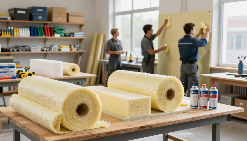 A detailed view of various insulation materials and methods in a brightly lit workshop. In the foreground, display rolls of fiberglass insulation, foam boards, and spray foam kits, arranged artistically on wooden workbenches. In the middle ground, experienced professionals in modest business attire are demonstrating insulation techniques, such as applying spray foam and measuring wall cavities for fit. In the background, shelves hold boxes of insulation accessories like vapour barriers, fasteners, and tools, with natural light streaming through large windows, casting soft shadows. The overall atmosphere is professional and informative, emphasizing practical insulation solutions in a modern setting.