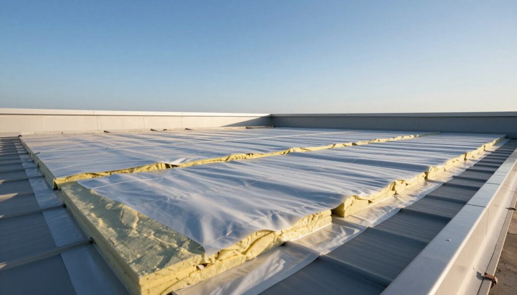 A flat roof with elegant insulation layers visible, showcasing a pristine installation free of moisture and decay. In the foreground, include detailed textures of insulation materials such as rigid foam boards and breathable membranes. The middle ground features a smooth, modern flat roof structure illuminated by soft afternoon sunlight, casting gentle shadows. In the background, a clear blue sky enhances the scene's clarity, highlighting the reliable and effective insulation. Capture the mood of efficiency and professionalism through balanced lighting, emphasizing the sleek lines and practical design of the roof. Use a wide-angle lens to portray the expanse of the roof, ensuring the viewer feels the innovative insulation process designed for optimal energy efficiency.