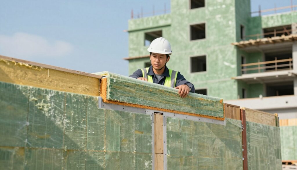 A modern energy-efficient building featuring high-performance PUR and PIR insulation systems, prominently displayed. In the foreground, showcase a cross-section of a wall illustrating the insulation layers, highlighting the thickness and materials used. The middle ground captures a construction worker in professional attire examining the insulation material, conveying expertise and attention to detail. The background features a clear blue sky and a partially completed green building, symbolizing sustainable architecture. Soft daylight illuminates the scene, casting gentle shadows to enhance depth. The overall mood is one of professionalism, innovation, and energy efficiency, emphasizing the importance of maximizing insulation performance with minimal wall thickness.