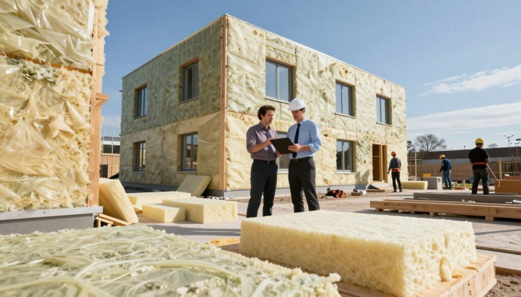 A modern, well-insulated Danish building under bright natural lighting, showcasing various types of insulation materials like foam, fiberglass, and cellulose in the foreground. In the middle, a professional engineer in business attire examines the insulation with a clipboard, emphasizing the importance of accessibility and quality. The background features a construction site with workers installing insulation, and a clear blue sky above, creating a productive atmosphere. The scene is framed from a slightly low angle to highlight the height of the building and the intricate details of the insulation materials, while also capturing the bustling activity of the site. Soft shadows enhance the realism, conveying a sense of innovation in energy efficiency. A modern, well-insulated Danish building under bright natural lighting, showcasing various types of insulation materials like foam, fiberglass, and cellulose in the foreground. In the middle, a professional engineer in business attire examines the insulation with a clipboard, emphasizing the importance of accessibility and quality. The background features a construction site with workers installing insulation, and a clear blue sky above, creating a productive atmosphere. The scene is framed from a slightly low angle to highlight the height of the building and the intricate details of the insulation materials, while also capturing the bustling activity of the site. Soft shadows enhance the realism, conveying a sense of innovation in energy efficiency.