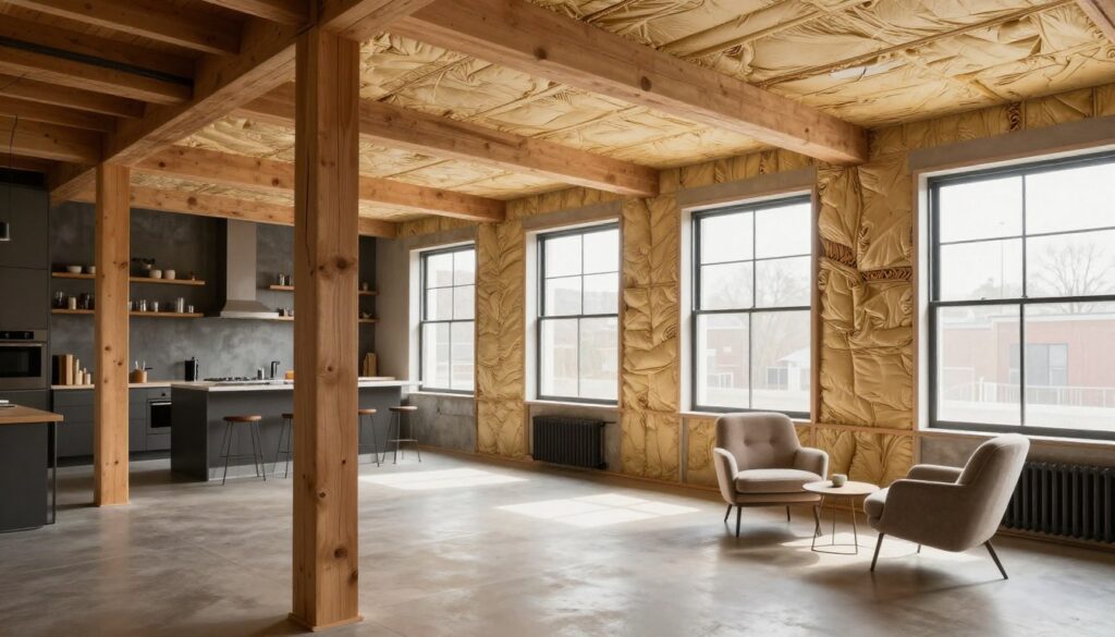 A spacious and modern loft interior emphasizing energy-efficient insulation. The foreground showcases exposed wooden beams and a cozy nook with a stylish armchair and a small table. In the middle, there is an expansive living area with large windows allowing soft, natural light to flood the room, highlighting the carefully installed insulation in the ceiling and walls. The background features an industrial-style kitchen with sleek appliances and open shelving, all bathed in warm, inviting tones. The atmosphere is calm and efficient, suggesting a harmonious blend of comfort and sustainability, with attention to detail in the materials used for insulation. A spacious and modern loft interior emphasizing energy-efficient insulation. The foreground showcases exposed wooden beams and a cozy nook with a stylish armchair and a small table. In the middle, there is an expansive living area with large windows allowing soft, natural light to flood the room, highlighting the carefully installed insulation in the ceiling and walls. The background features an industrial-style kitchen with sleek appliances and open shelving, all bathed in warm, inviting tones. The atmosphere is calm and efficient, suggesting a harmonious blend of comfort and sustainability, with attention to detail in the materials used for insulation.