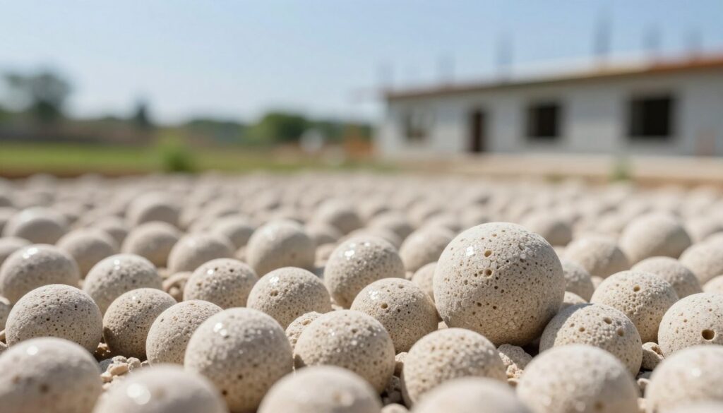 A vivid depiction of Leca isolation materials, showcasing both Leca balls and Leca granules, characterized by their light, porous texture and unique spherical shapes. In the foreground, a close-up of the Leca balls, glistening under soft, natural light to highlight their surface details. In the middle ground, a scatter of Leca granules, creating a textured landscape, emphasizing their capillary-breaking and drainage properties. The background features a soft-focus view of a modern, energy-efficient construction setting, with green landscaping that subtly illustrates the concept of energy efficiency. The atmosphere is calm and professional, with a clear blue sky overhead, reflecting a sustainable and innovative building practice.