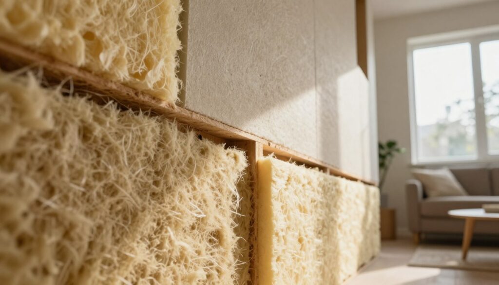 A well-constructed interior of a home showcasing different wall types and insulation materials. In the foreground, a close-up of a wall featuring various insulation materials like fiberglass, foam board, and mineral wool. The middle ground displays a cross-section of a hollow wall (hulmur) with visible insulation layers. The background offers a glimpse of a cozy living room environment with soft natural light filtering through a window, casting gentle shadows on the walls. The mood is warm and informative, highlighting the importance of insulation in energy efficiency. The angle is slightly tilted upwards, providing a dynamic perspective on the materials used in modern construction. A well-constructed interior of a home showcasing different wall types and insulation materials. In the foreground, a close-up of a wall featuring various insulation materials like fiberglass, foam board, and mineral wool. The middle ground displays a cross-section of a hollow wall (hulmur) with visible insulation layers. The background offers a glimpse of a cozy living room environment with soft natural light filtering through a window, casting gentle shadows on the walls. The mood is warm and informative, highlighting the importance of insulation in energy efficiency. The angle is slightly tilted upwards, providing a dynamic perspective on the materials used in modern construction.