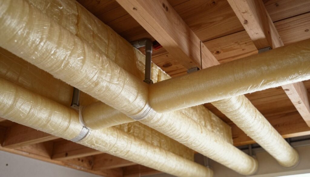 Generate a detailed image of insulated pipes in a ceiling space, capturing the intricacies of DIY insulation work. In the foreground, showcase meticulously wrapped pipes with foam insulation, emphasizing the texture and detail of the material. The middle ground should illustrate a well-lit attic or basement setting, with clear joins and pipe fittings visible. The background can feature wooden beams or drywall, subtly lit to convey a sense of depth. Use bright, natural lighting to enhance the visibility of the insulation work, creating a warm and inviting atmosphere. The angle should be slightly tilted upward to emphasize the ceiling space and the insulation process, evoking a mood of craftsmanship and home improvement. Generate a detailed image of insulated pipes in a ceiling space, capturing the intricacies of DIY insulation work. In the foreground, showcase meticulously wrapped pipes with foam insulation, emphasizing the texture and detail of the material. The middle ground should illustrate a well-lit attic or basement setting, with clear joins and pipe fittings visible. The background can feature wooden beams or drywall, subtly lit to convey a sense of depth. Use bright, natural lighting to enhance the visibility of the insulation work, creating a warm and inviting atmosphere. The angle should be slightly tilted upward to emphasize the ceiling space and the insulation process, evoking a mood of craftsmanship and home improvement.